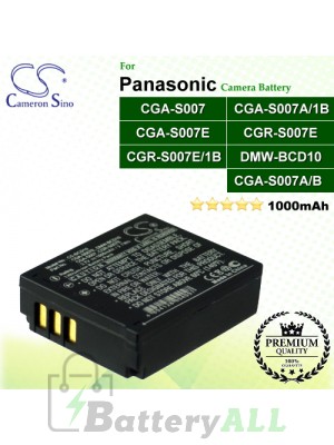 CS-BCD10 For Panasonic Camera Battery Model CGA-S007 / CGA-S007A/1B / CGA-S007A/B / CGA-S007E / CGR-S007E / CGR-S007E/1B / DMW-BCD10